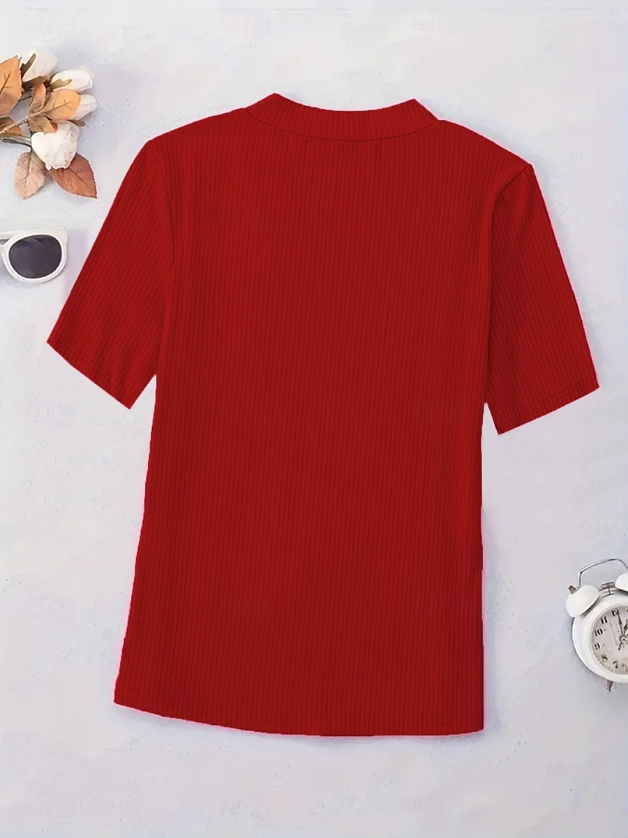 Femmes T-shirt Couleur Unie Mode Élégant Classique Manche Courte Col en V Hauts Réguliers Quotidien Week-end Noir Vin Rouge Bleu Fuchsia Été de 2025 ? $18.99 –P9