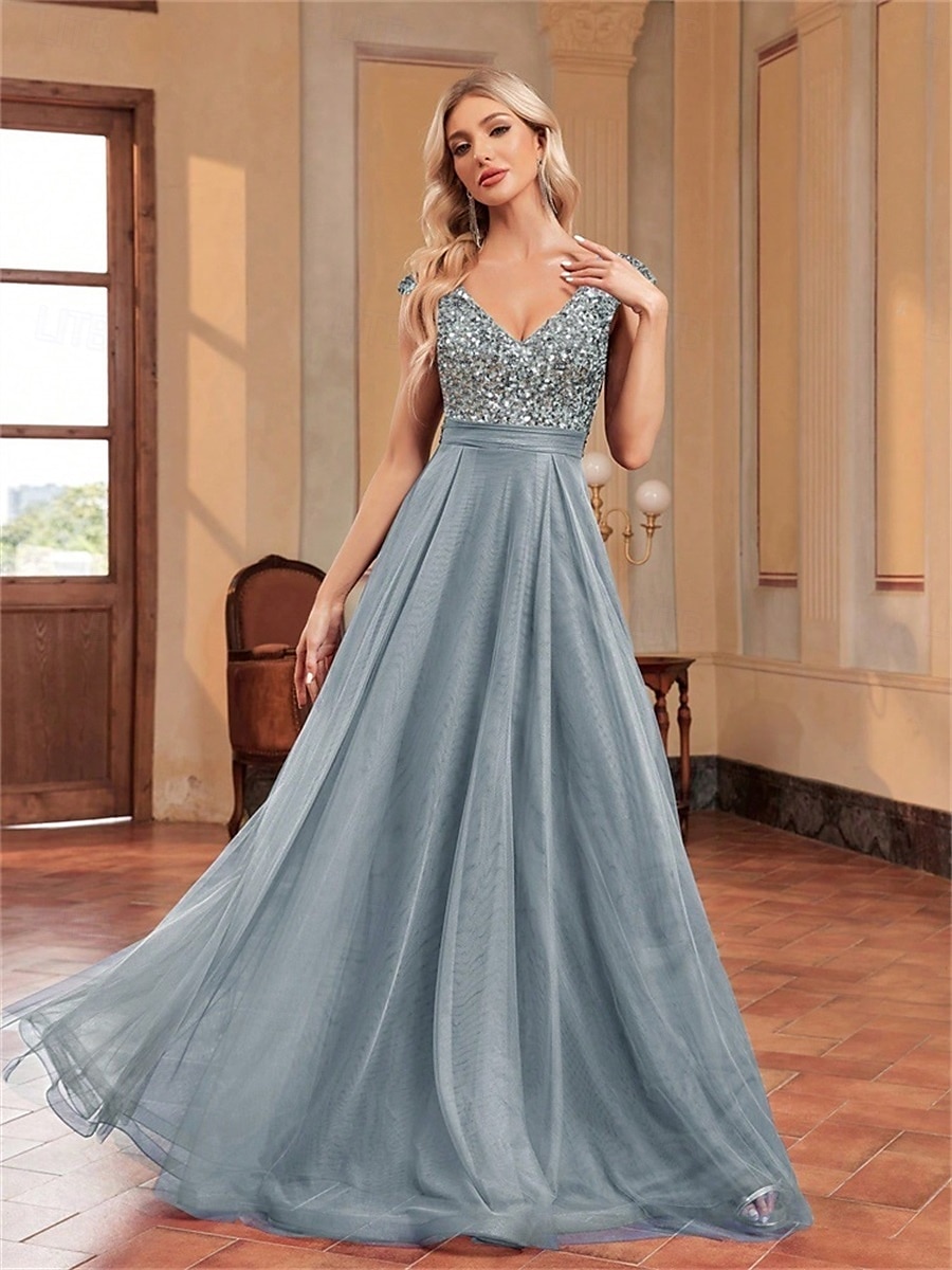 Abiti per Quinceanera A-Line elegante abito formale per matrimonio lunghezza del pavimento senza maniche scollo a V tulle con schiena a V e paillettes del 2025 a $99.99 –P3