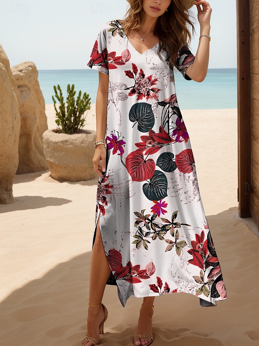 Pentru femei Rochie Maxi Rochie casual Rochie de Vară Rochie A line Elegant Vacanță Casual Plajă Fit regulat Floral Grafic Frunză Manșon scurt În V Negru și Alb Galben Roșu-aprins Albastru piscină 2025 - $28.99 –P6