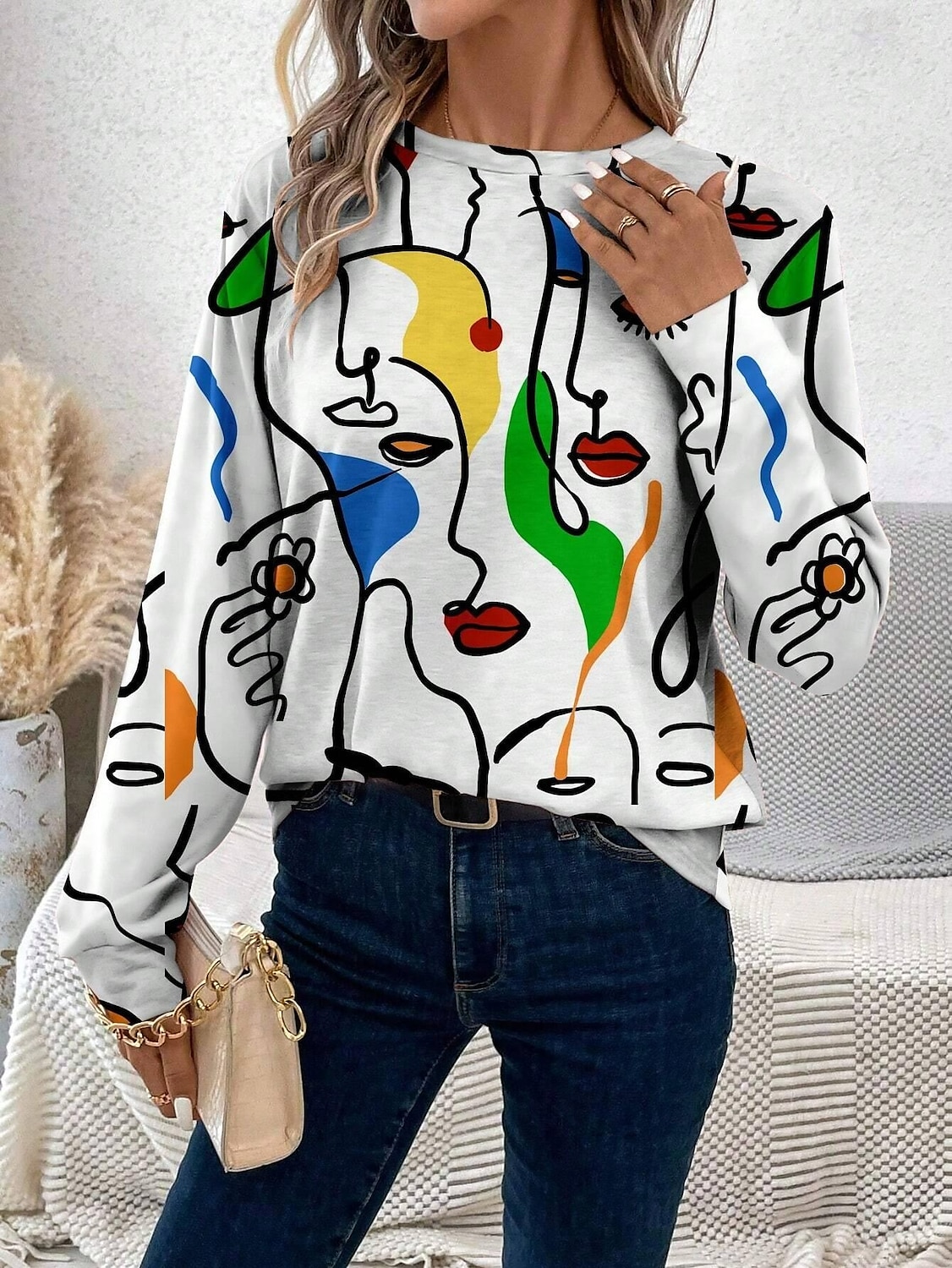 Femmes T-shirt Graphique Abstrait ancien Élégant Classique manche longue Col ras du cou Hauts Réguliers Quotidien Week-end Imprimé Blanche Été de 2025 ? $23.99 –P1