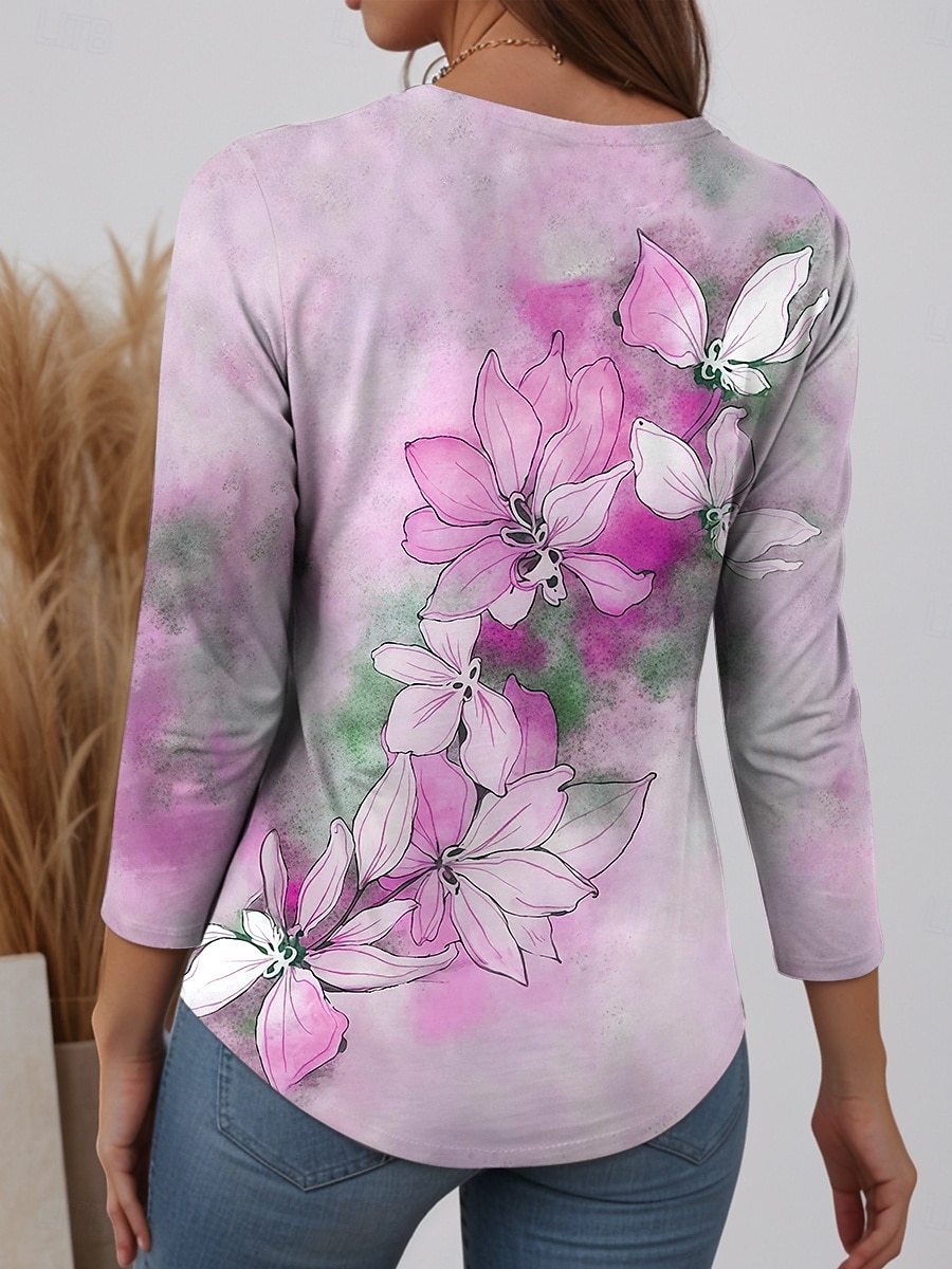 Dame T skjorte Blomstret Grafisk Planter Stilfull Moderne Fritid Langermet Crew-hals Vanlige topper Daglig Helg Trykt mønster Gul Rosa Lilla Grønn Vår Høst 2025 - $24.99 –P2