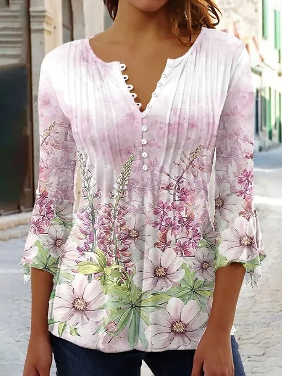 Per donna Blusa Ombre Floreale Grafico Elegante Manica 3/4 Scollo a V Top Regolari Quotidiano Uscire Volant Bottoni Rosa Blu Viola Arancione Verde Primavera Autunno del 2025 a $27.99 –P3