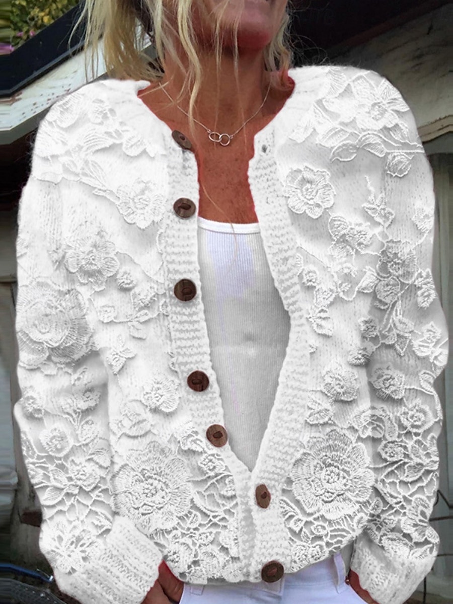 Damen Pullover Strickjacke Elegant Mode Streetwear Blumen Rundhalsausschnitt Tasche Gestrickt Druck Langarm Normale Oberteile Stricken Outdoor Täglich Wochenende Weiß Blau Herbst Winter 2025 - $31.99 –P3