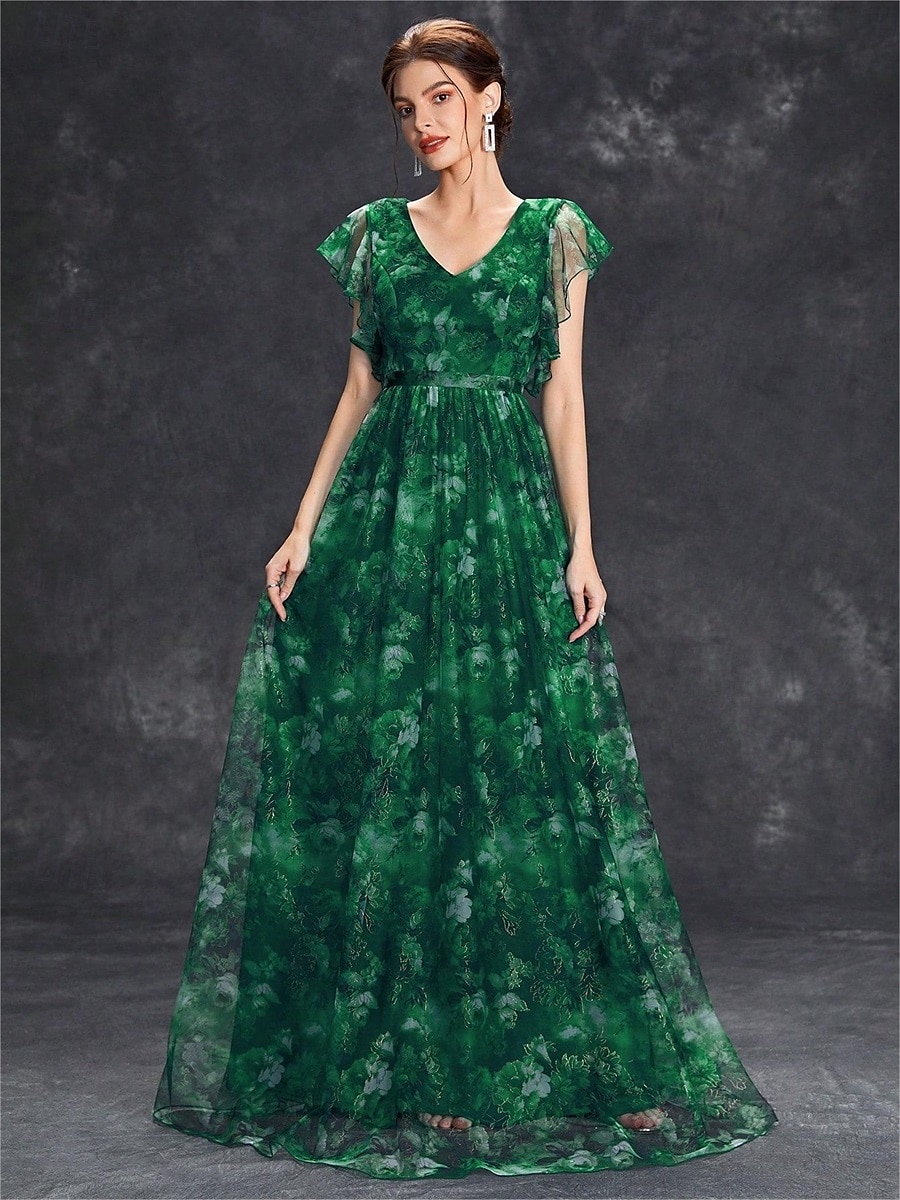 Abiti Quinceanera A-Line abito elegante formale lungo senza maniche scollatura a V in chiffon con stampa floreale del 2025 a $79.99 –P16