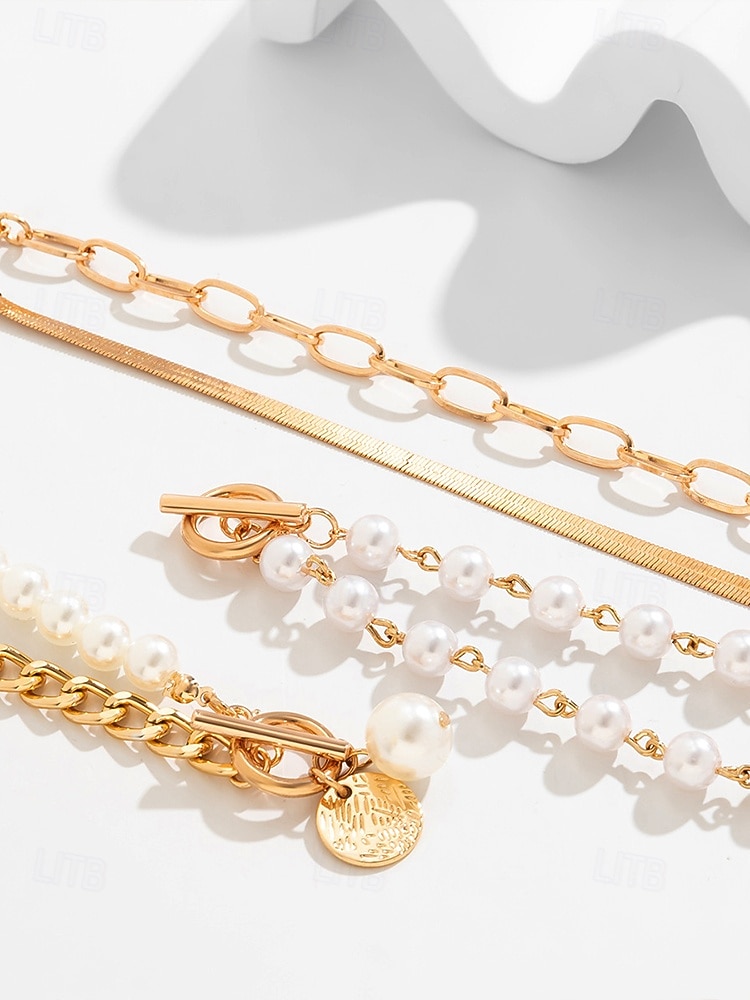 2026年 レディースゴールドチェーンとパールブレスレットセット、ファッショントグルクラスプジュエリー、女の子と女性のためのエレガントなレイヤードスタイル、パーティー、結婚式、オフィス、普段使いに最適  コレクション – $11.99 –P3