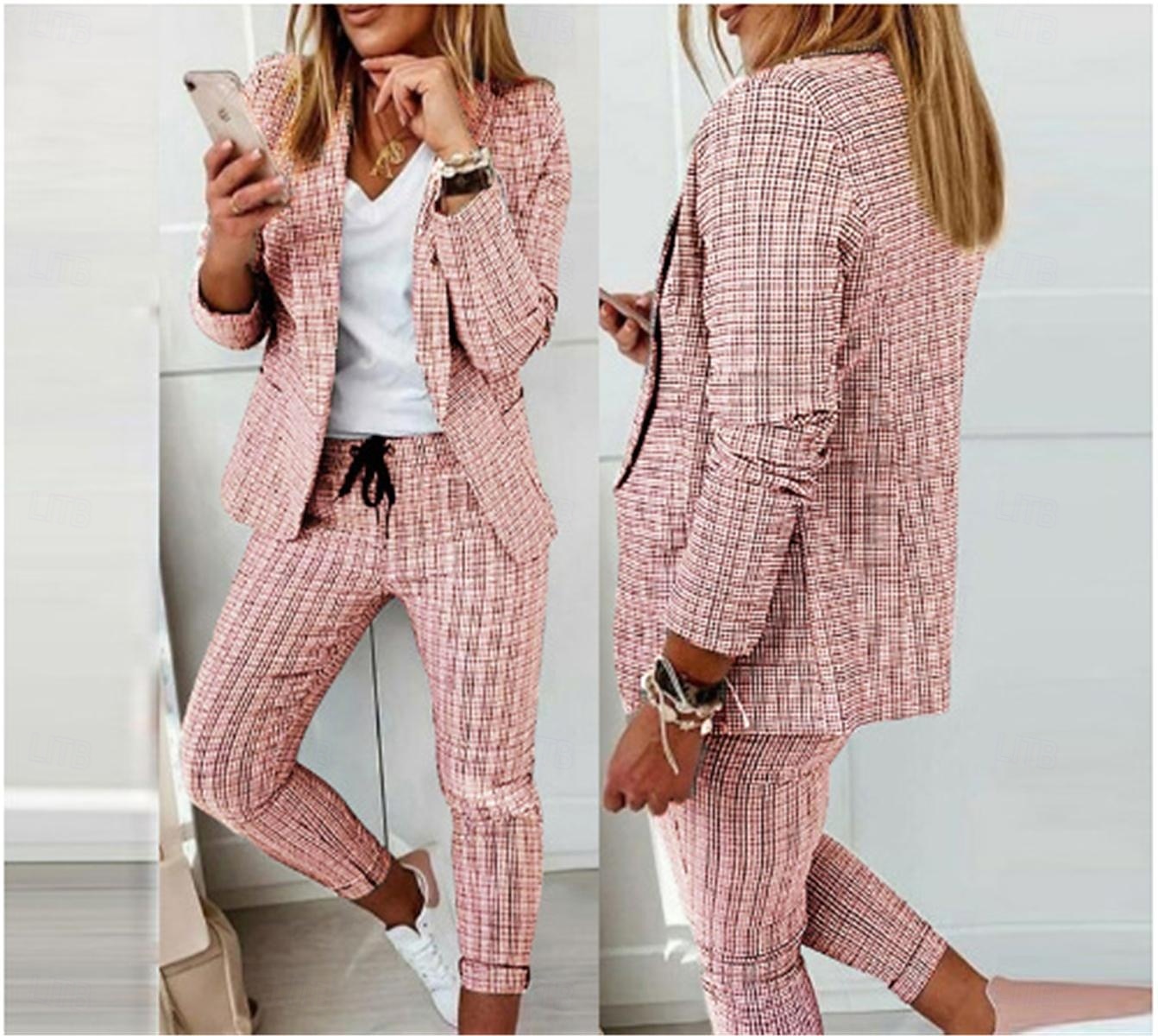 Damskie Moda Moda miejska Codzienny Garnitury marynarki Długi rękaw Kołnierzyk koszuli Kratka Nadruk Biuro Praca Czarny Rumiany róż Khaki Wiosna Regularny 2025 - $37.99 –P3