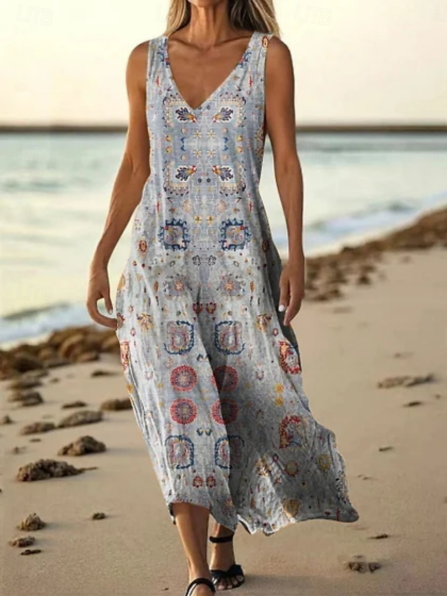 Women's Long Dress Maxi Dress Casual Dress Tank Dress Summer Dress African Daily Holiday Beach Regular Fit Floral Sleeveless V Neck Wine Burgundy Navy Blue Blue Summer 2025 - $20.99 –P1