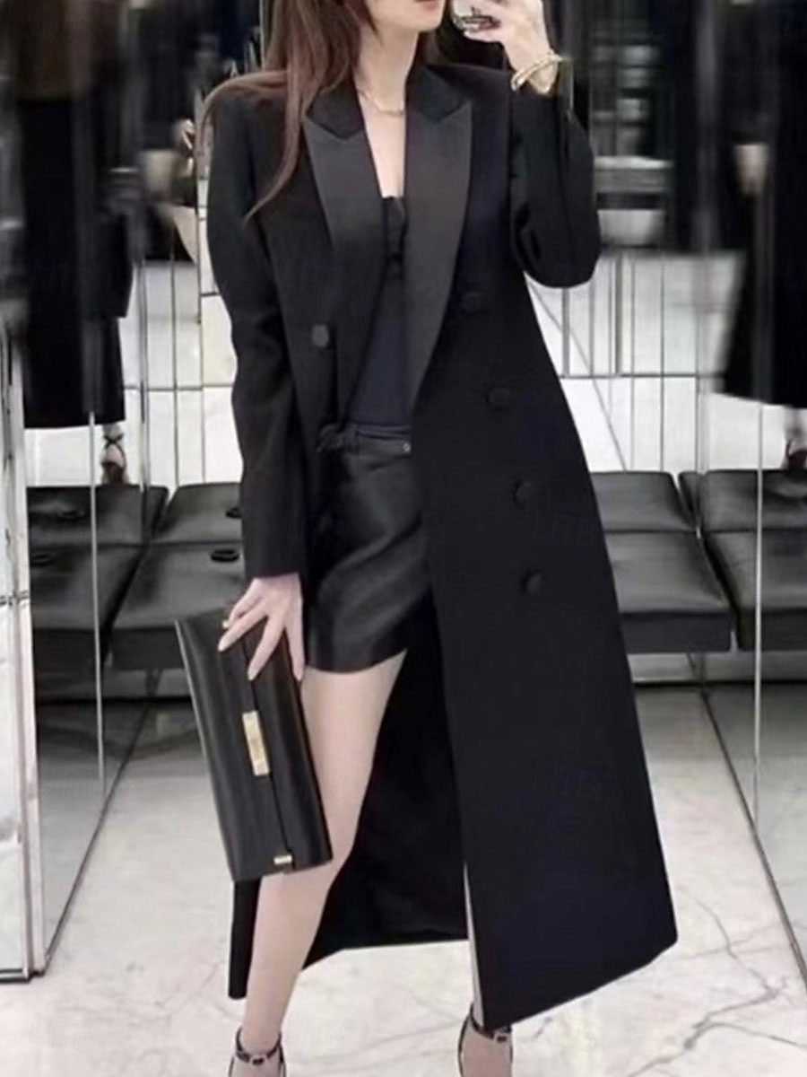 Smokingkleid Mantel Formell Hochzeitsgast Formeller Abend Satin Elegant Langarm Knöchellänge Hemdkragen Doppelreihig 2025 - $149.99 –P2