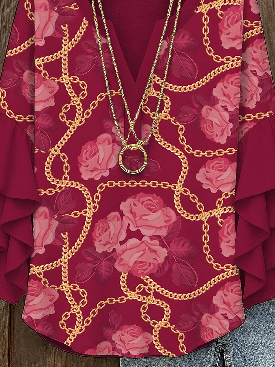 Dame Bluse Blomstret Grafisk Elegant Daglig Fritid 3/4 ermer V-hals Vanlige topper Daglig Ferie Trykt mønster Gul Rød Blå Lilla Grønn Sommer Vår Høst 2025 - $29.99 –P3