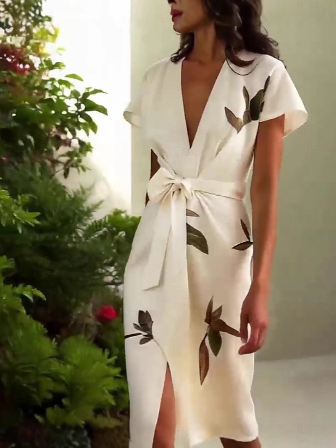 Femmes Robe Midi Robe Portefeuille Vacances Occasionnel Extérieur Sortir Plage Mince Fleuri Graphique manche longue Col en V Blanche Été Printemps de 2025 ? $34.99 –P2