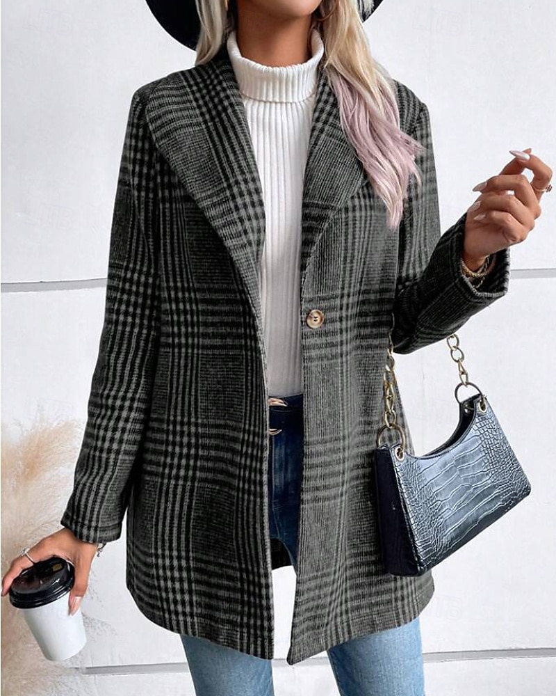 Women's Coat Warm Comfortable Buttons Casual Plaid Outdoor Holiday Single Breasted Regular Turndown Regular Fit Long Sleeve Outerwear Red Camel Gray Fall Winter 2025 - $34.99 –P1