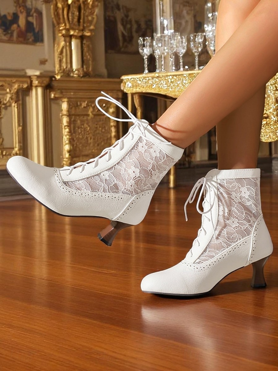 Botas femininas vintage dos anos 1930, com cadarço, brancas, com inserções de renda floral – saltos elegantes em estilo retrô para eventos formais, casamentos e festas de 2025 por $54.99 –P4