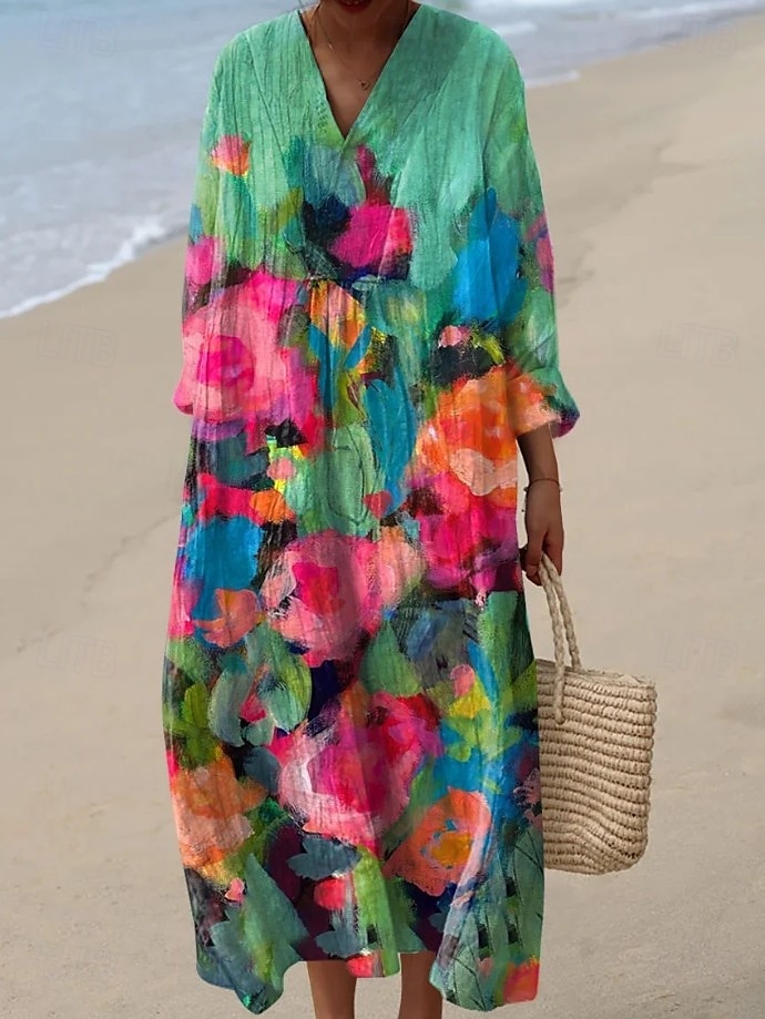Damen Midikleid Sommerkleid A Linie Kleid Urlaub Lässig Boho Party Ausgehen Strand Blumen Grafik Abstrakt Langarm V Ausschnitt Asche Weiß Gelb Rosa Sommer Frühling 2025 - $35.99 –P4