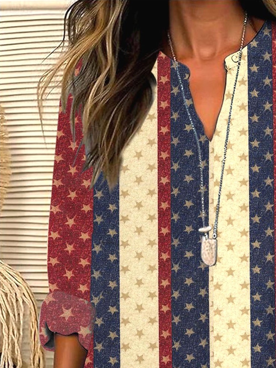 Dames Blouse Grafisch Geometrisch Ster Elegant Stijlvol Casual Lange mouw V-hals Gekerfde nek Normale tops Dagelijks Feestdagen Afdrukken Rood Zomer Lente 2025 - $24.99 –P2