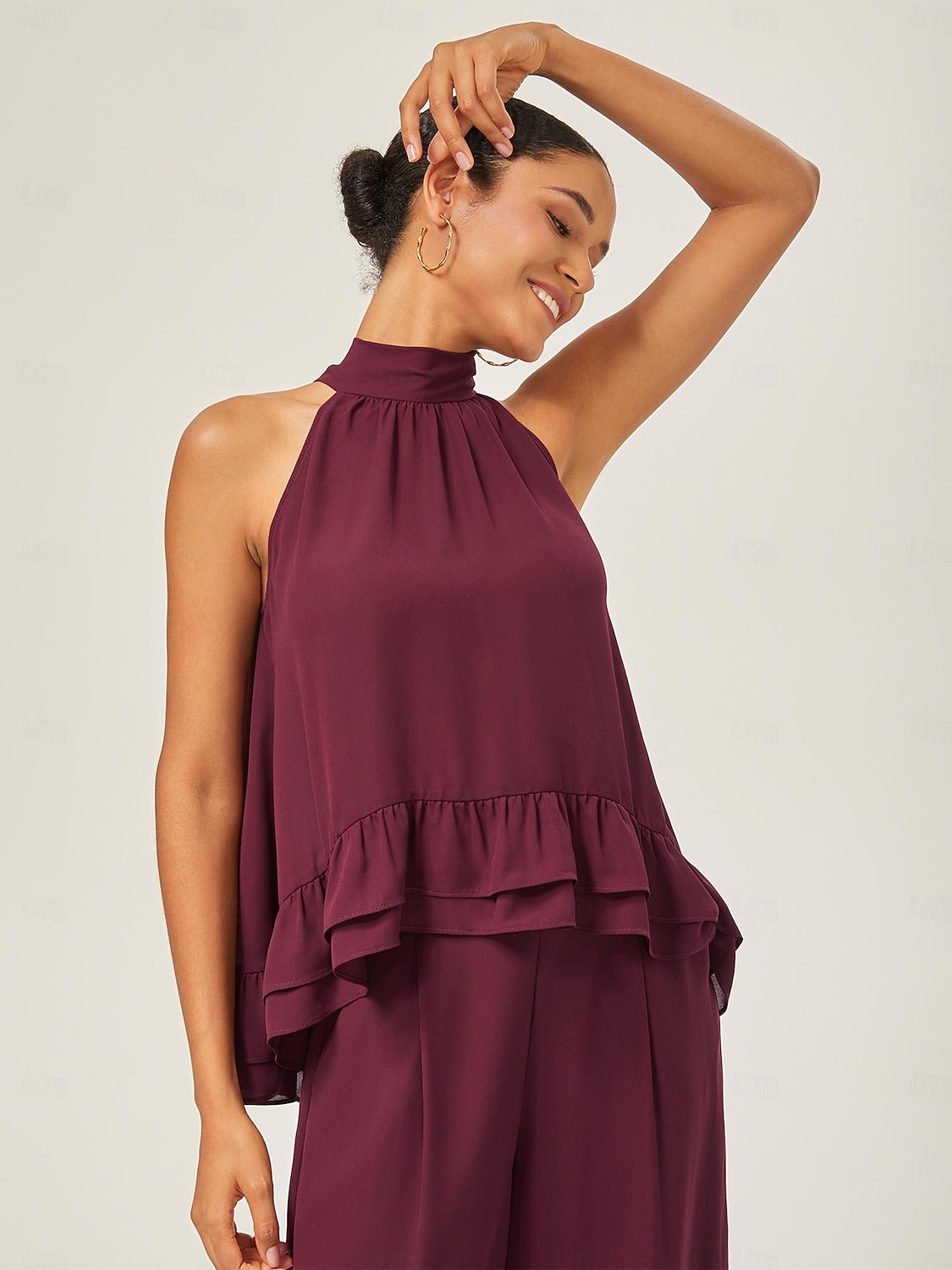 Per donna Da donna All'americana Tinta unita Borgogna Volant Senza Maniche Elegante Quotidiano All'americana Estate del 2025 a $52.99 –P5
