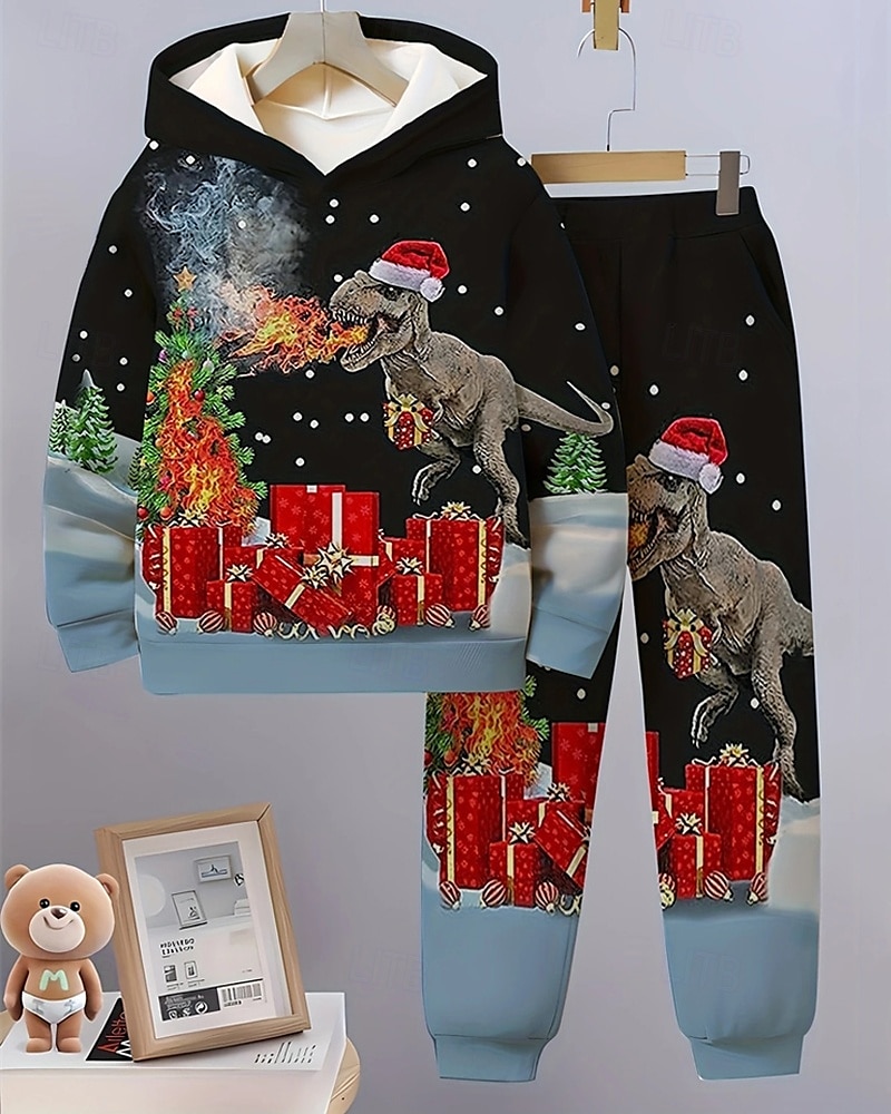 Jongens 3D Dinosaurus Set met capuchon en joggingbroek Sportoutfit Trainingspakken Lange mouw Lente Herfst Dagelijks Basic Casual Kinderen 4-12 jaar Capuchon Buiten Vakantie Sport Getailleerd 2025 - $26.99 –P1