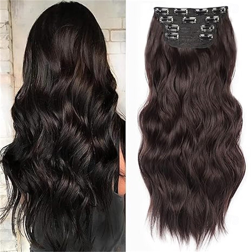 Extensions de cheveux noirs de jais de 24 pouces à clipser, 4 pièces, extensions de cheveux synthétiques longs et ondulés, extensions de cheveux souples à clipser, postiche à double trame pour toute de 2025 ? $26.99 –P2