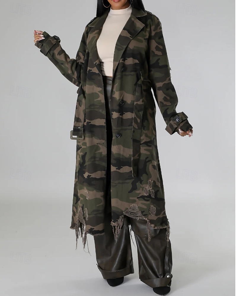 Damen Trenchcoat Bequem Knöpfe Tasche Modern Streetstyle Tarnung Outdoor Ausgehen Einreihig Lang Umlegekragen Normale Passform Langarm Oberbekleidung Hellgrün Dunkelgrün Herbst Winter 2025 - $46.99 –P13