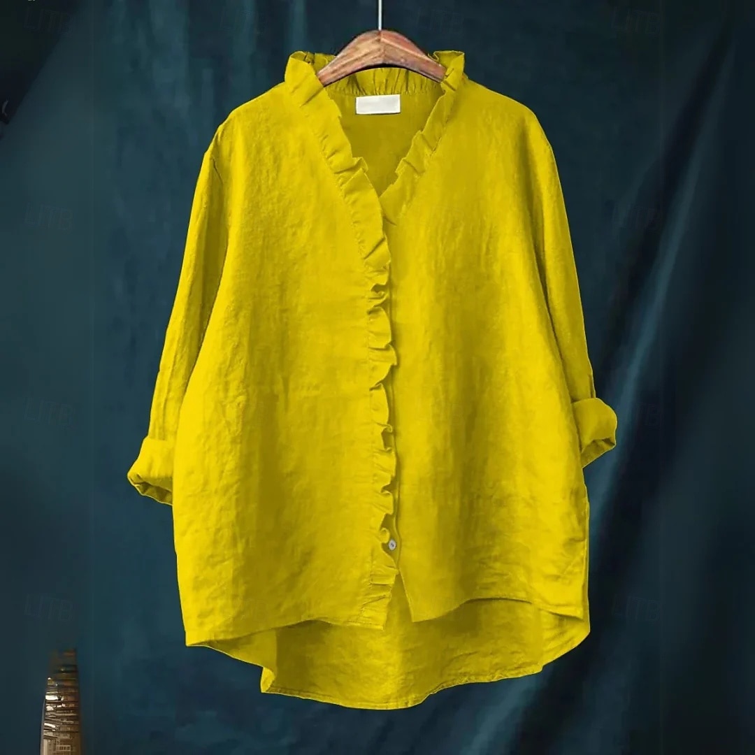 camicetta da donna in cotone e lino tinta unita elegante casual manica lunga scollo a V top normale quotidiano festa bottoni bianco giallo rosso blu beige estate autunno del 2025 a $25.99 –P4
