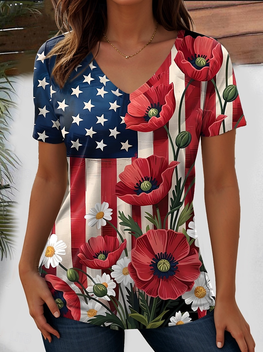 Tricou patriotic pentru femei cu steag steag național stilat casual roșu alb și albastru mânecă scurtă gât în V regular imprimeu zilnic albastru vară primăvară 2025 - $19.99 –P9