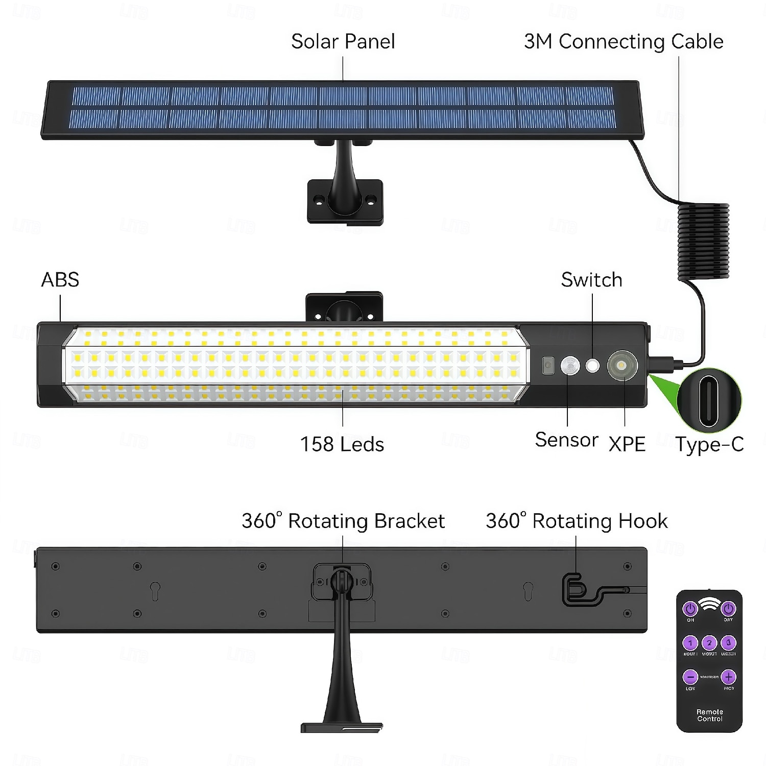 316led buitenzonnestraatverlichting met 3 meter kabel, led split landschap patio tuinverlichting met afstandsbediening, camping buitenzonneschijnwerper, zonne-energie, USB-oplaadbaar, 1 stuk 2025 - $32.99 –P1