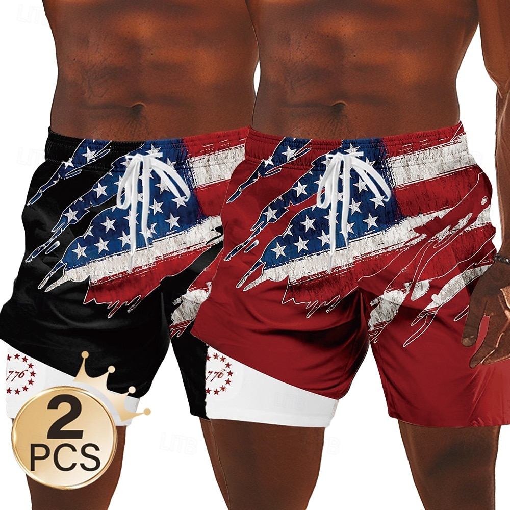 Unabhängigkeitstag Herren 2-teilig mit US-Flagge, patriotische gefütterte Shorts, 2-in-1-Boardshorts, Badehose, mittelhohe Taille, Urlaubs-Seitentaschen mit Kompressionsfutter, elastischer Kordelzug 2025 - $32.99 –P6