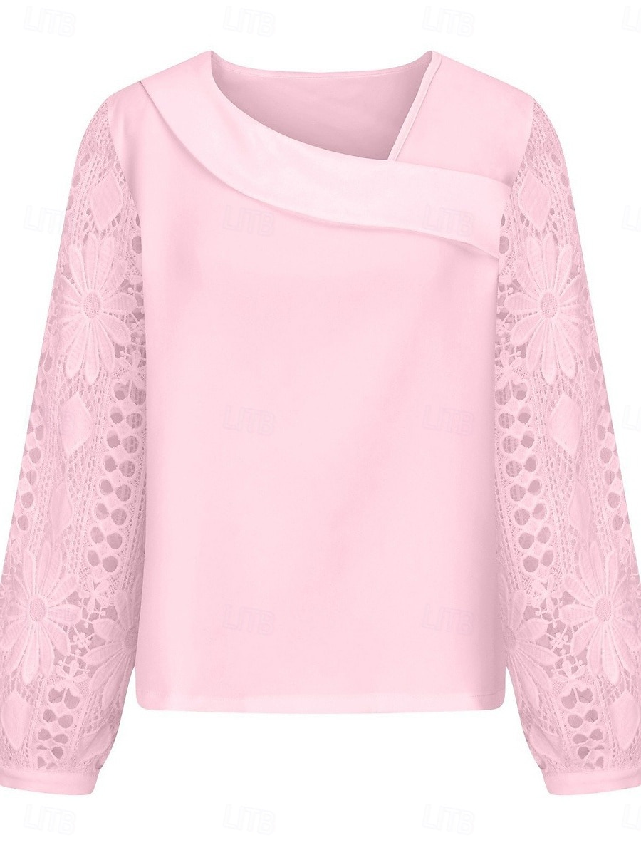 Damen Elegante Weiße Spitzen Tops Ösen Bluse Lässig Einfarbig Reguläre Tops Langarm Asymmetrische Spitzen Patchwork Reguläre Passform Täglich Schwarz Weiß Rosa Romantische Petite Tops Sommer Urlaub 2025 - $29.99 –P3