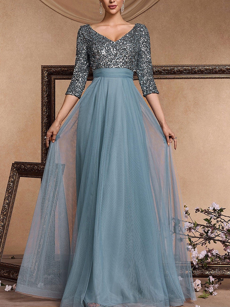Vestido de Gala em A Vestido Elegante Formal Casamento Comprimento do Chão Manga 3/4 Decote em V Com Lantejoulas com Lantejoulas de 2025 por $119.99 –P1