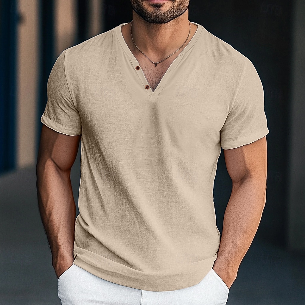 Herren Henley Hemd T-Shirt Kurzarm Einfarbig Einfach Mode Designer Basic Knöpfe V Ausschnitt Urlaub Straße Lässig Sommer Dunkelgrau Weiß Blau Henley T-Shirt 2025 - $25.99 –P10