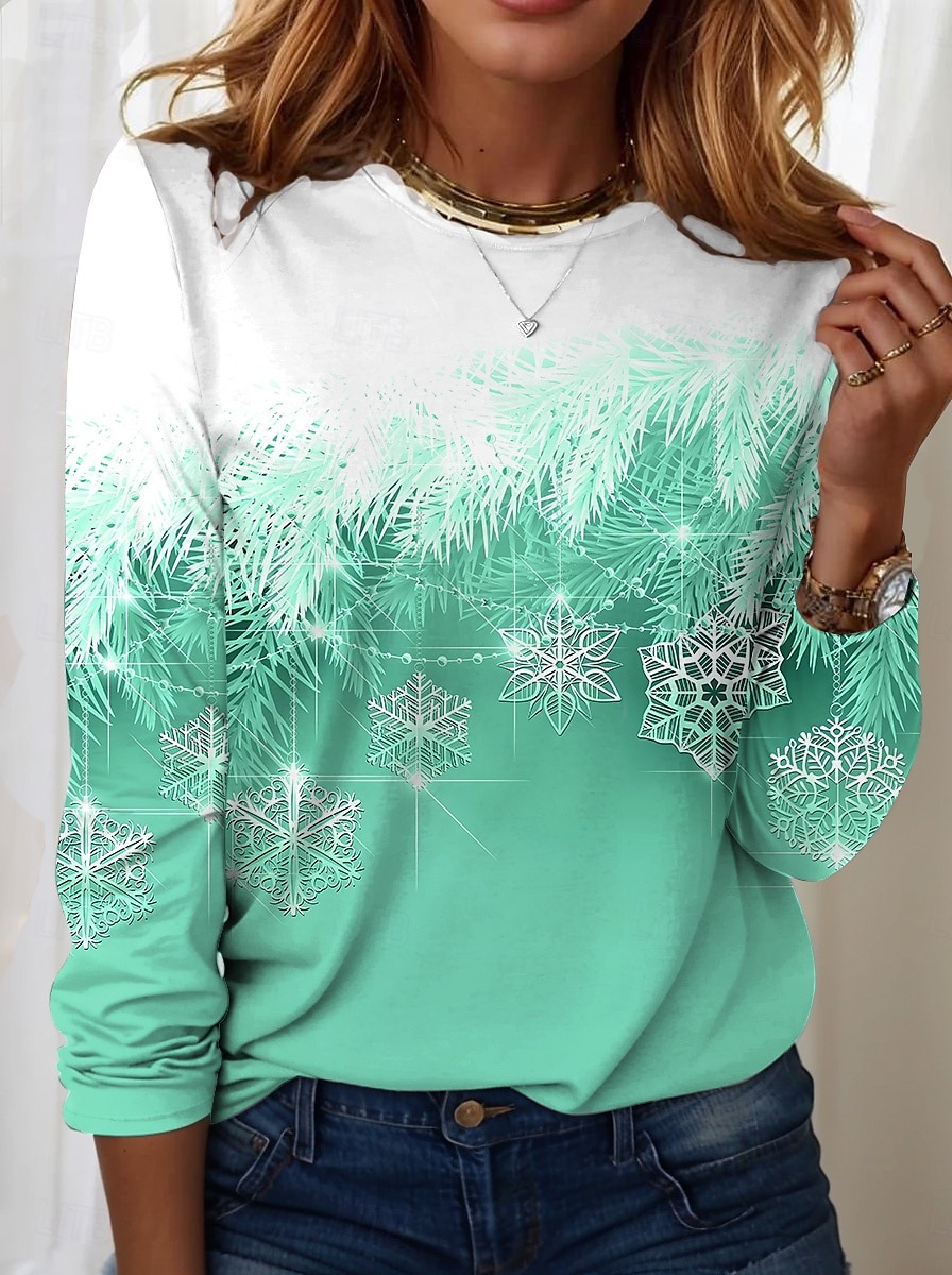 Sudadera de mujer con estampado de copos de nieve de invierno, manga larga, cuello redondo, azul degradado, informal, cómoda, ajuste regular, temporada festiva, top acogedor 2025 - $22.99 –P6