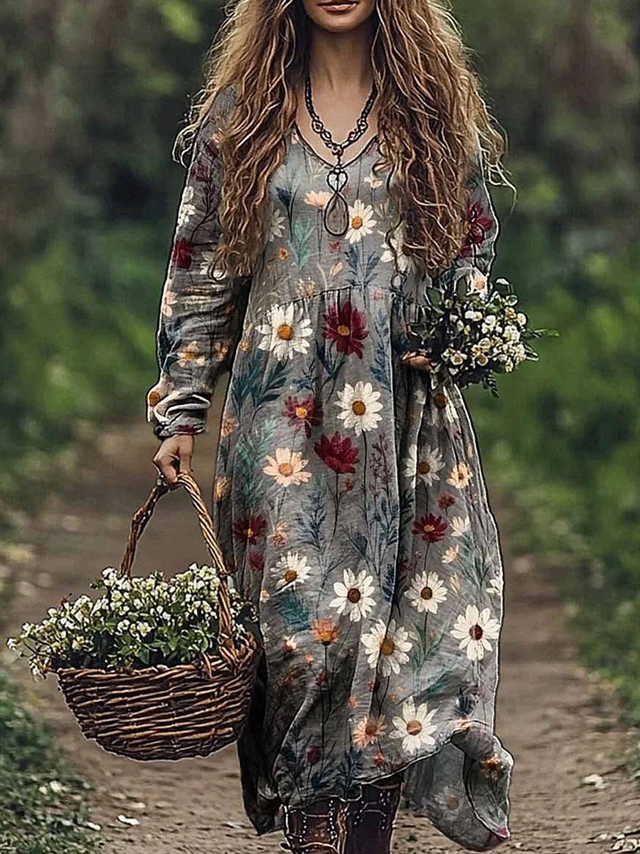 Women's Maxi Dress A Line Dress Vacation Casual Boho Going out Beach Loose Fit Floral Graphic Paisley Long Sleeve V Neck Red Blue Green Gray Summer Spring 2025 - $35.99 –P2