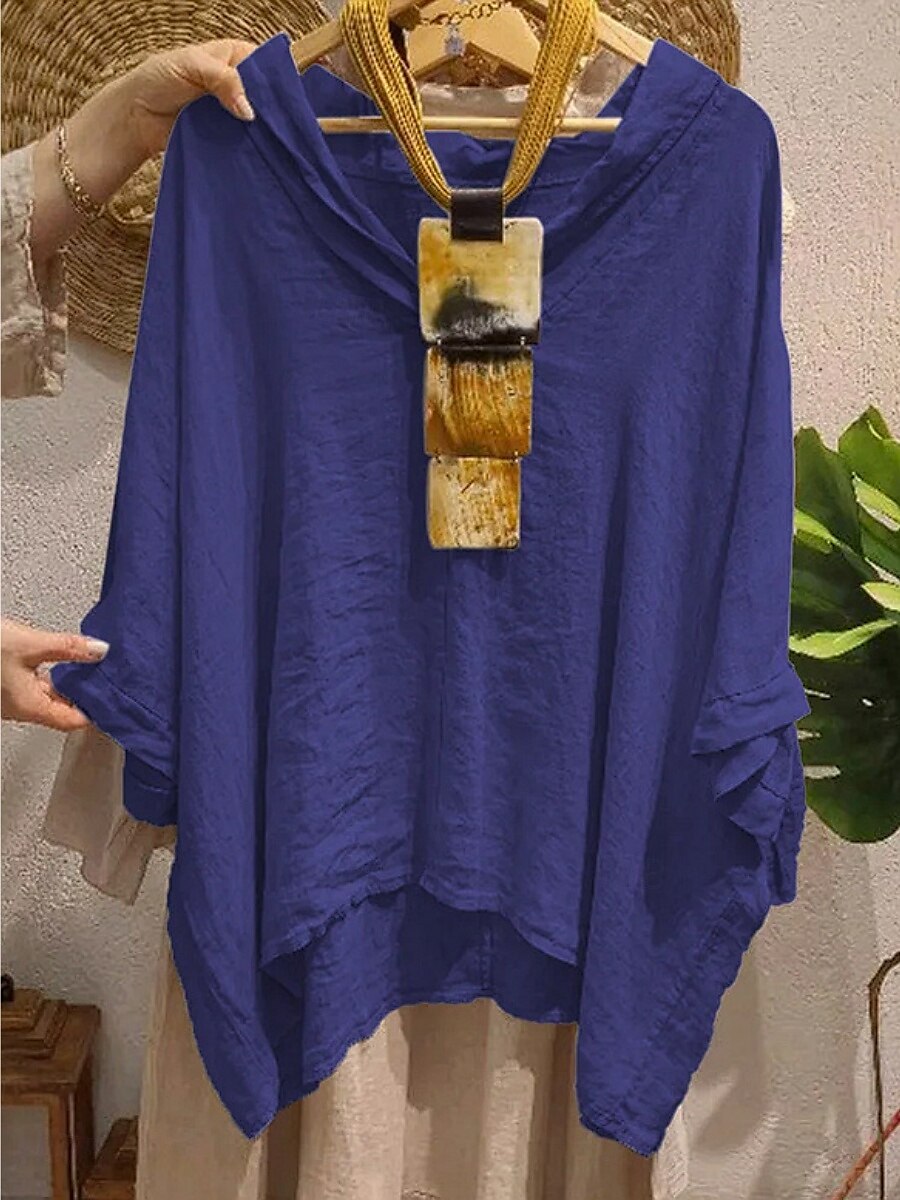 Femmes Chemises en coton et lin Couleur Unie Basique Occasionnel Manche 3/4 Col en V Hauts Longs Quotidien Noir Blanche Jaune Vert Véronèse bleu marine Été Printemps de 2025 ? $33.99 –P5