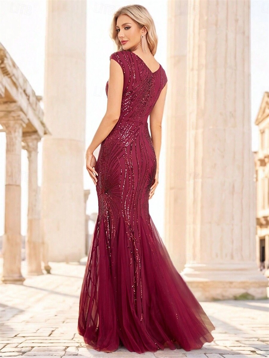 Vestidos de Quinceanera Elegantes Sereia  Trompete para Casamento Formal Comprimento Total Sem Mangas Decote Barco em Poliéster com Lantejoulas de 2025 por $99.99 –P11