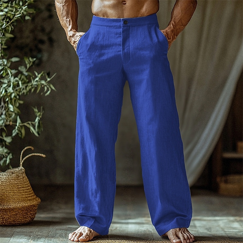Men's Linen Pants Trousers Summer Pants Beach Pants Buttons Pocket Straight Leg Plain Comfort Breathable Vacation Daily Holiday Hawaiian Boho Black White 2025 - $18.99 –P5