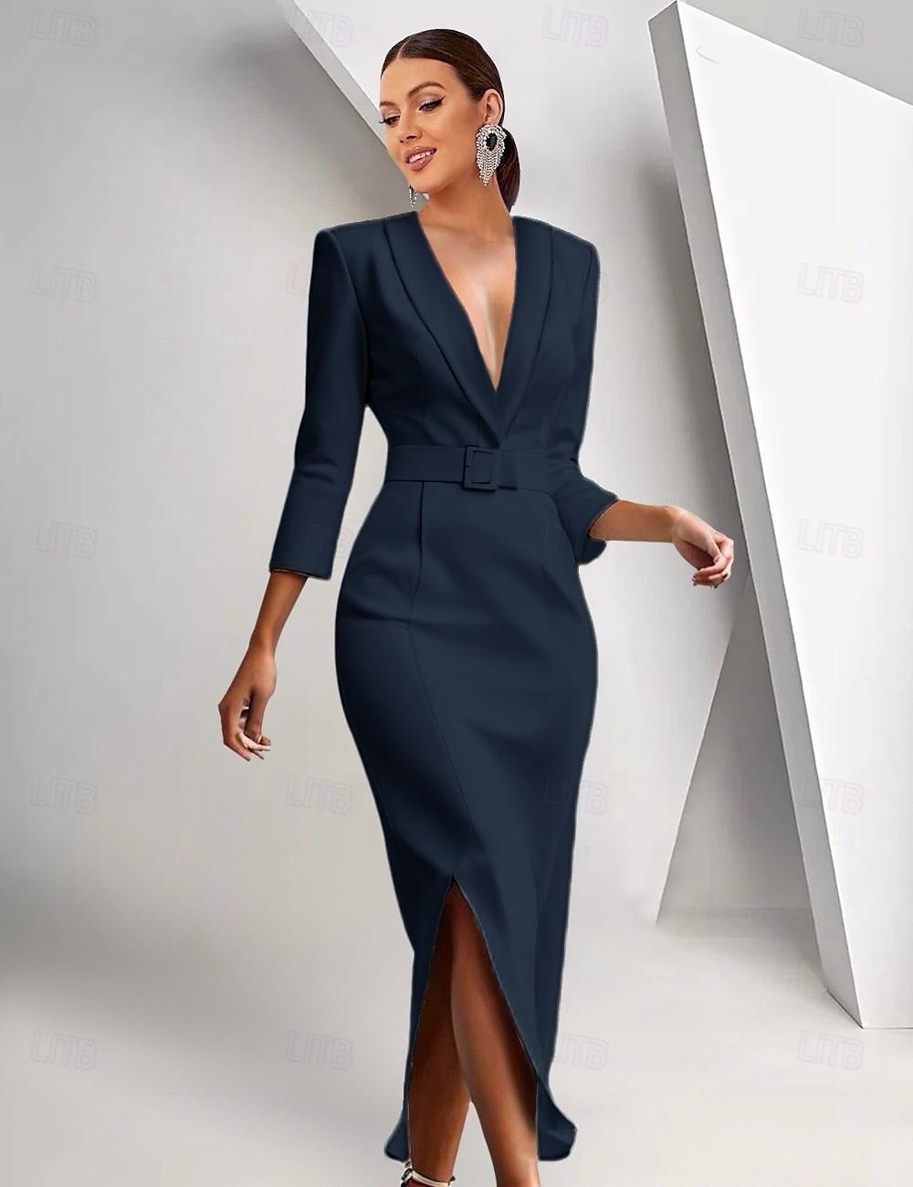 Blazer-Kleid Meerjungfrau  Trompete Brautmutter Kleid Krepp Smoking Kleid Elegantes Hochgeschnittenes Schalkragen Bodenlang 3/4 Ärmeln mit Gürtel Farbblock Einfarbig 2025 2025 - $169.99 –P7