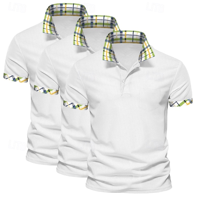 Camisa polo masculina de 3 peças, cor sólida, xadrez, bloco de cores, camisa de golfe, manga curta, lapela, casual, esportiva e ao ar livre, botões, verão, primavera e outono, verde, azul de 2025 por $45.99 –P6