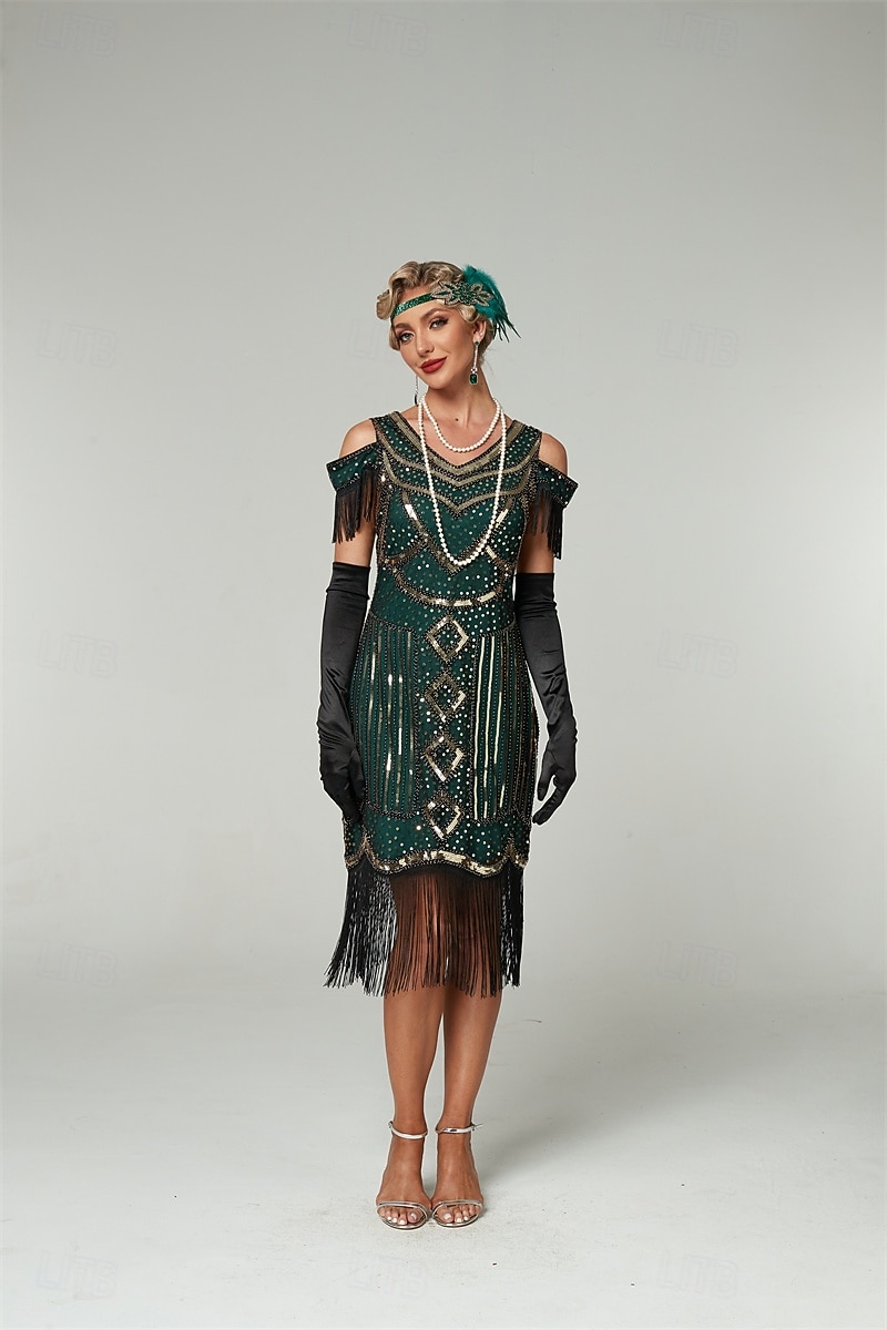 Roaring 20s 1920s Knee Length Dress Flapper Dress Outfits Cold Shoulder The  Great Gatsby Wedding Guest
