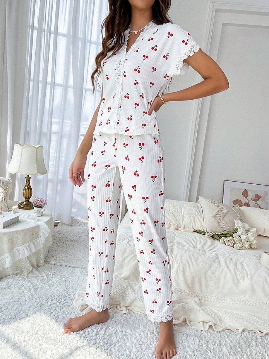 Dam Pyjamas set Ledigt Komfort Körsbär Elastisk midja Skjorta Byxa Hem Dagligen Kortärmad V-hals Vit Sommar Vår Höst Normal 2025 - $16.99 –P3