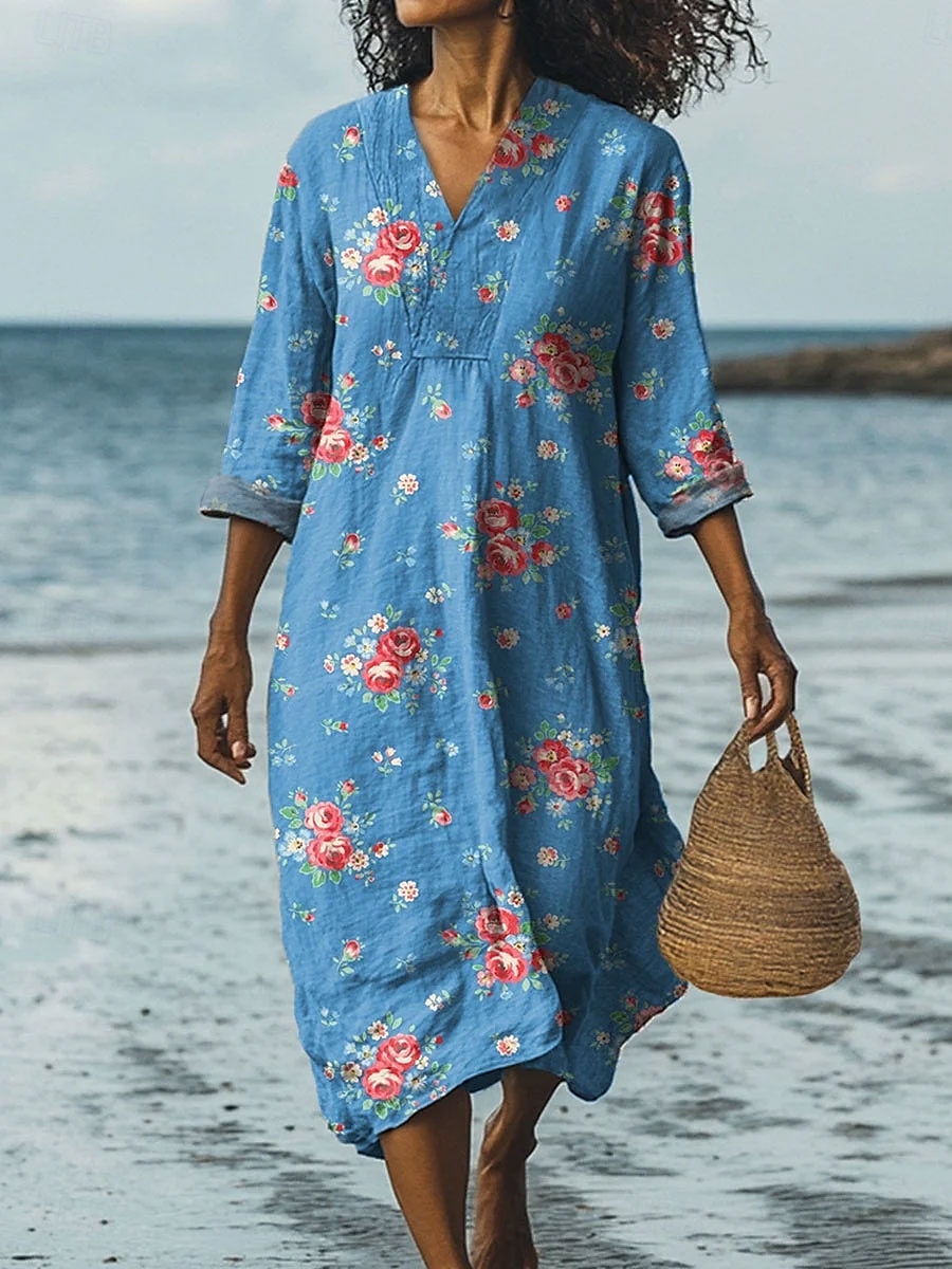 Femmes Robe Midi Robe d'Été Robe trapèze Vacances Occasionnel Sortir Fleuri Graphique manche longue Col en V Rouge Bleu Vert Été Printemps de 2025 ? $35.99 –P1