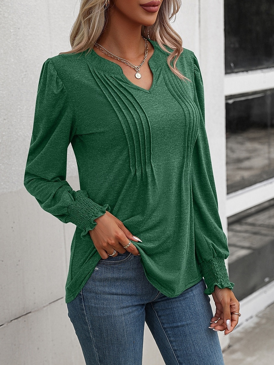 Damen Bluse Einfarbig Stilvoll Lässig Langarm V Ausschnitt Normale Oberteile Täglich Gerafft Schwarz Rosa Fuchsie Grün Sommer Frühling 2025 - $25.99 –P2