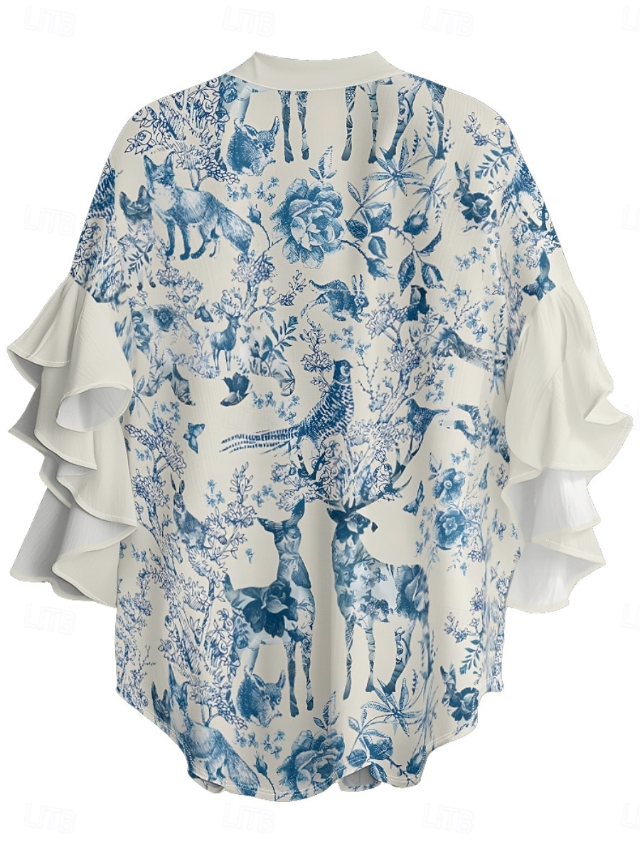 Femmes Chemisier Fleuri Élégant Moderne Manche 3/4 Col en V Hauts Réguliers Quotidien Fête A Volants Imprimé Rose Claire Bleu Vert Abricot Été de 2025 ? $22.99 –P5