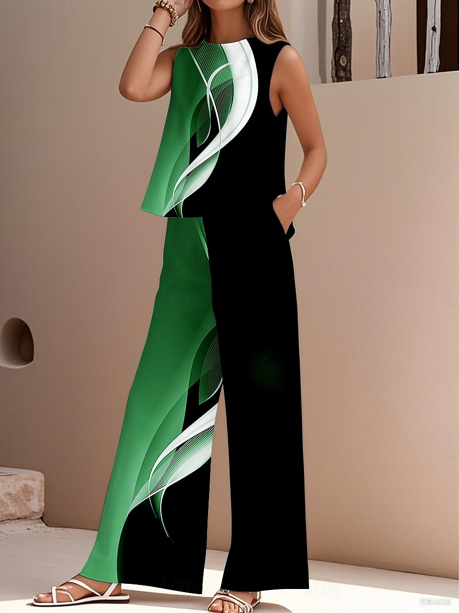 damskie eleganckie modne streetwear dwuczęściowe zestawy bluzka kamizelka spodnie bez rękawów okrągły dekolt outdoor praca swobodny geometryczny gradient nadruk wakacje codzienne wakacje biały niebieski fioletowy lato regularny krój 2025 - $36.99 –P4