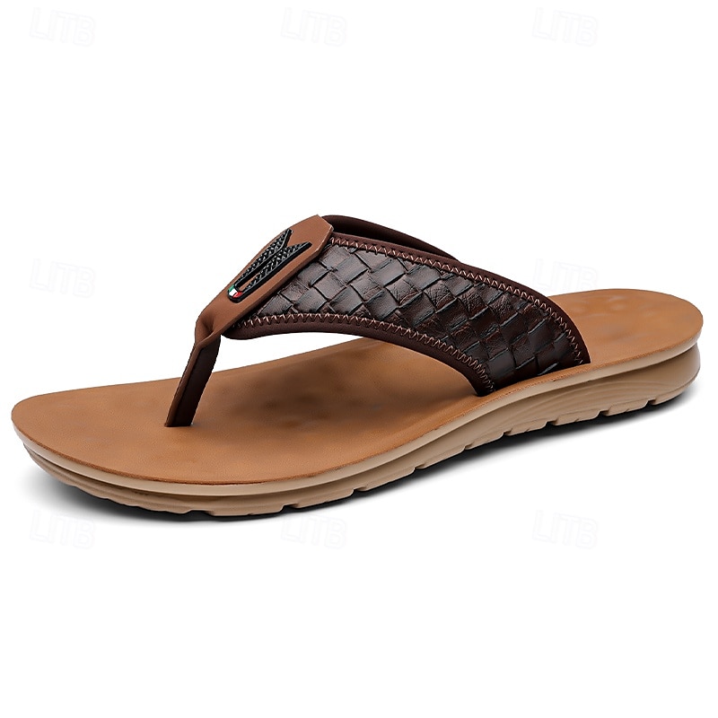 herrebrune flip-flops i kunstskinn med vevd mønsterrem, myk EVA-såle, komfortabel for feriested og hverdagslige sommerantrekk 2025 - $24.99 –P1