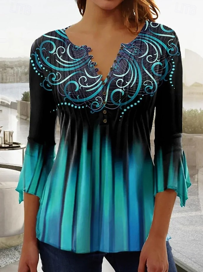 Kvinnors Blus V-hals Ombre Floral Graphic Elegant 3/4 Längd Ärm Vanliga Topp Daglig Ute Knappar Gräsgrön Svart och grå Blå Lila Grön Sommar Vår Höst 2025 - $27.99 –P1