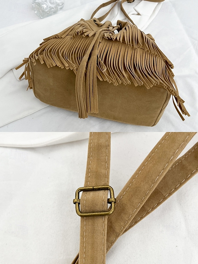 damska torebka typu wiaderko ze sztucznego zamszu z frędzlami – boho torebka typu crossbody ze ściągaczem na niezobowiązujące wyjścia, festiwale i codzienne noszenie 2025 - $18.99 –P9