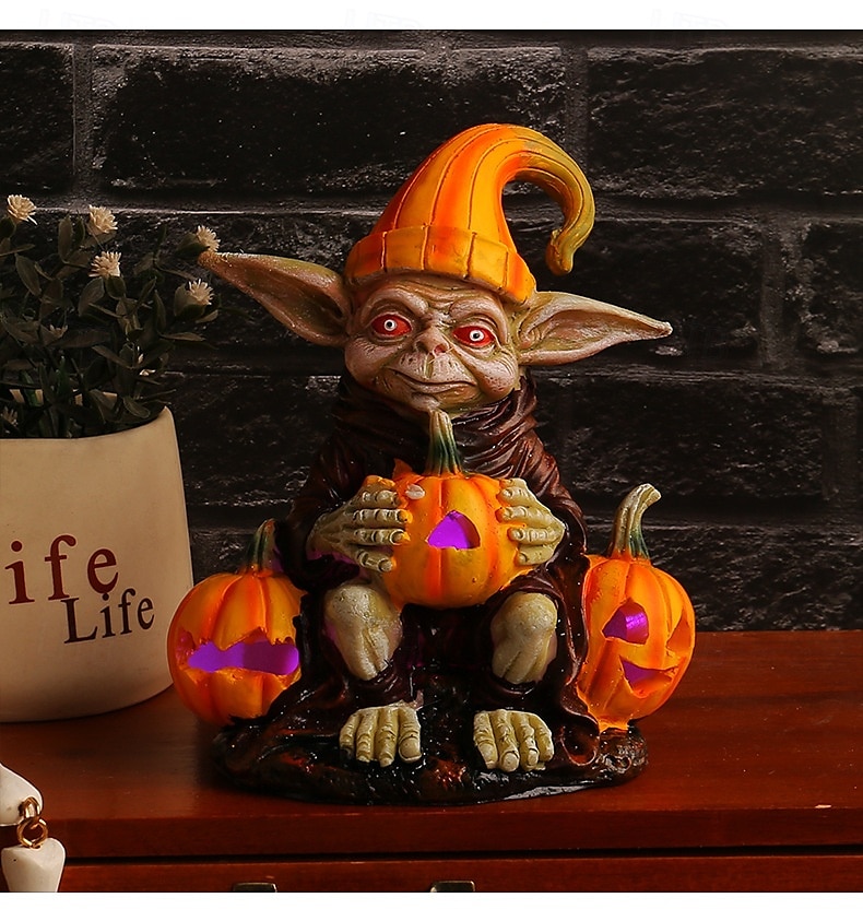 Φιγούρα ρητίνης καλικάντζαρου για το Halloween που κρατά κολοκύθα με φώτα, λαμπερό στολίδι ρητίνης ξωτικού, διακόσμηση σπιτιού για τραπέζι 2025 - $17.49 –P7