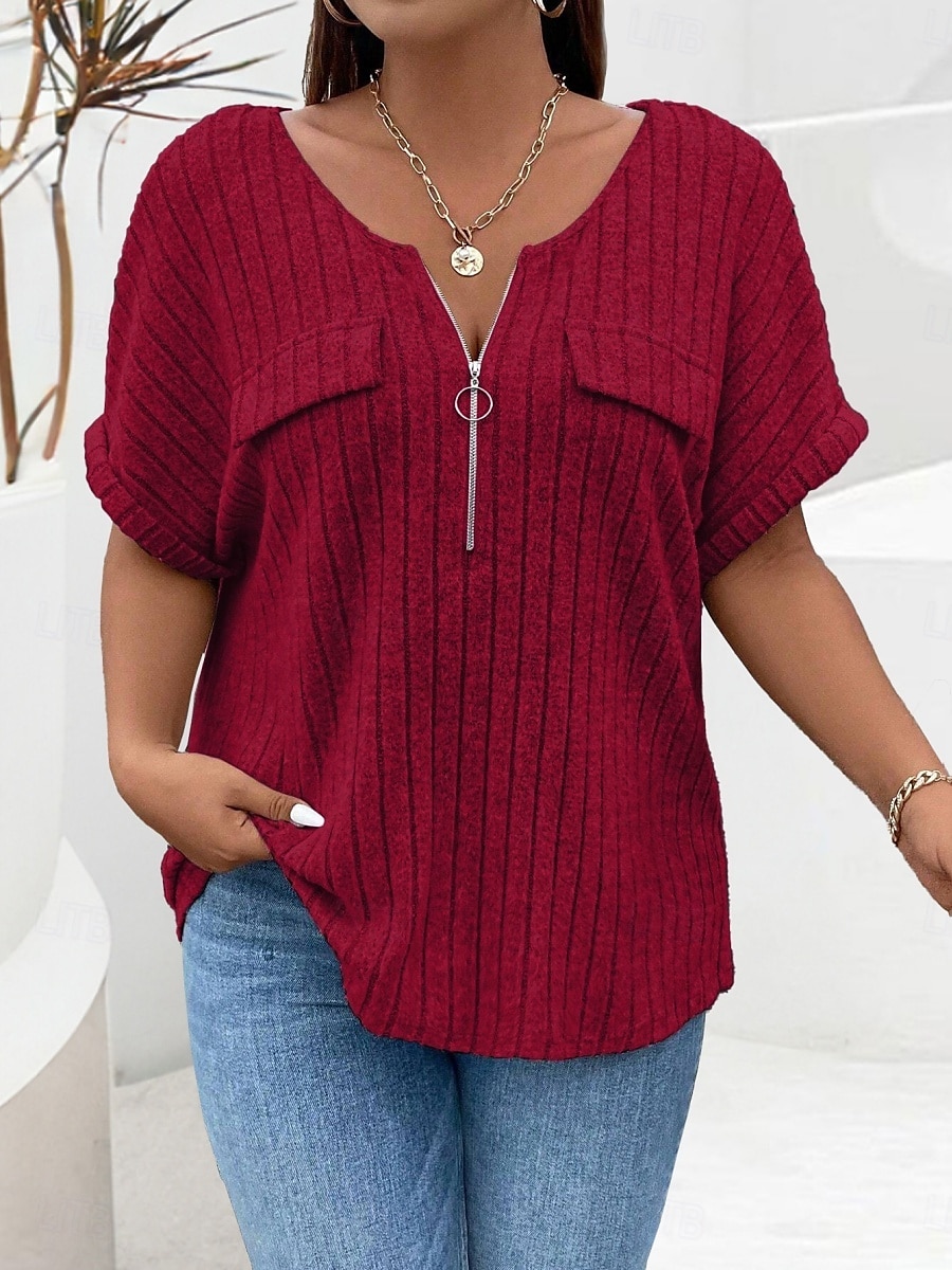 Dámské Plus velikost Topy Tričko Pevná barva Zip Kapsy Krátký rukáv Do V Módní Šik ven Na běžné nošení Denní Víkend Polyester Léto Podzim Světlá růžová Fialová 2025 - $23.99 –P4
