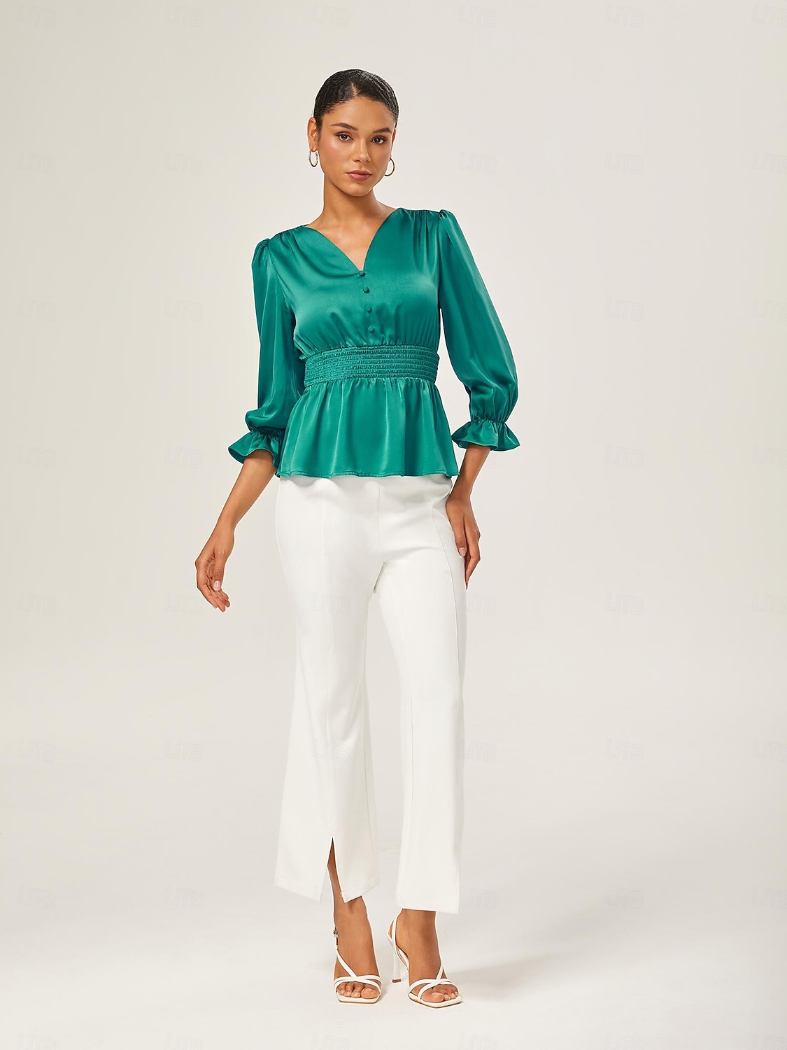 élégant chemisier cintré en satin vert lac de 2025 ? $51.99 –P6