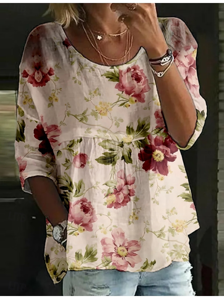 Dame Bluse Blomstret Stilfull 3/4 ermer Crew-hals Vanlige topper Daglig Ferie Trykt mønster Hvit Navyblå Blå Himmelblå Kakifarget Sommer 2025 - $16.99 –P5
