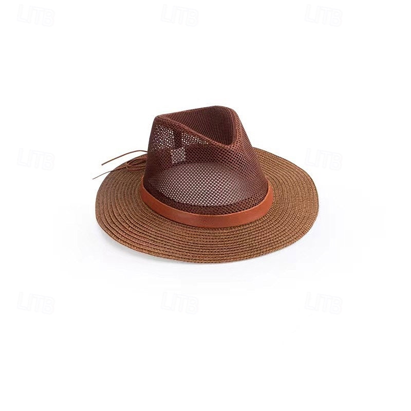 Zomerse cowboyhoed met grote rand, gebreid met net, platte rand, bescherming tegen de zon, opvouwbare herenhoed, strandhoed, casual 2025 - $12.49 –P5
